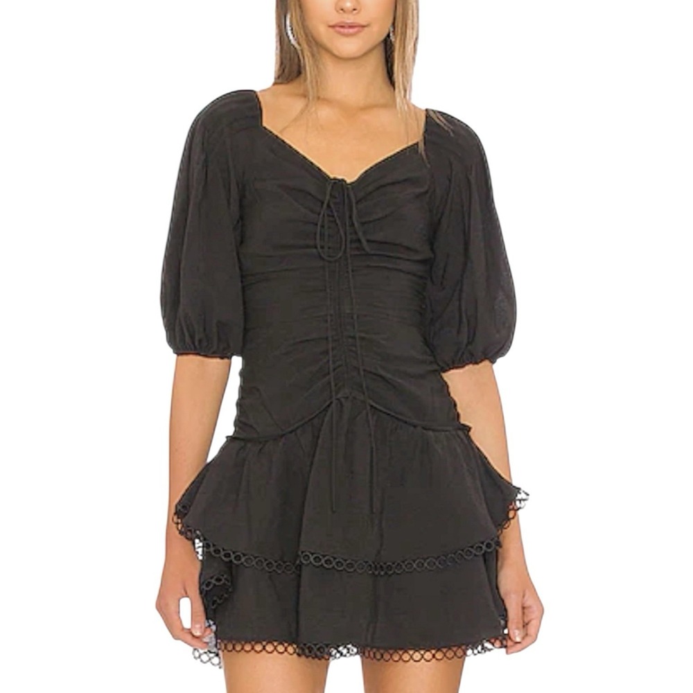 Jonathan Simkhai Tiered Mini Dress Size 6 Black Puff‎ Sleeve Ruched Lace Trim